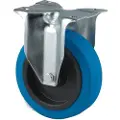 Tente Fast hjul, blå elastisk gummi, Ø125 mm, 250 kg, rulleleje, med plade Byggehøjde: 155 mm. Driftstempe