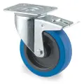 Tente Drejeligt hjul m/ bremse, blå elastisk gummi, Ø100 mm, 160 kg, rulleleje, med plade Byggehøjde: 128