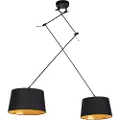 QAZQA Hengende lampe sort med sorte og gullfargede bomullslampeskjermer 35 cm 2-lys - Blitz