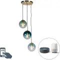QAZQA Smart pendellampe messing inkl. 3 WiFi ST64 med blått glass - Pallon