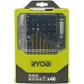 Ryobi RAK46MIX - Spissett for skrutrekker og bor - for tre, murverk, stål - bor, hammerbit - 46 deler