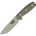 ESEE Model 4, serrated, desert tan/OD green, black plastic sheath