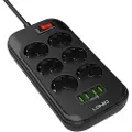 LDNIO Strømskinne med 6 AC-uttak, 4x USB, LDNIO SE6403, 2m (svart)