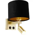 QAZQA Vegglampe messing med leselampe og skjerm 18 cm sort - Brescia