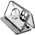 Mtp Products Dobbeltsidig herdet glass + magnetisk metallramme Anti-Drop Case for iPhone 15 Kompatibel med MagSafe Phone Cover med spennelås - Sølv