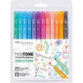 Tombow TwinTone Pastels, 12 stykker, Sort, Blå, Brun, Cyan, Grønn, Oransje, Rosa, Rød, Fiolett, Gult, Fin / grov tupp, Flerfarget, Rund, Blister