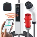 Vevor bærbar elbillader type 2, 32A 7,36 kW/22 kW, elbillader med 7,5 m ladekabel CEE 32-plugg LCD, IEC 62196 ladestasjon for elbiler til hjemmet med bæreveske og ladekabelkrok, IP66