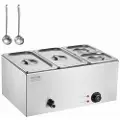 Vevor 4-panners kommersiell matvarmer, 15,5 l elektrisk dampbord, 1200 W profesjonell benkeplate rustfritt stål buffet Bain Marie med 86-185 °F temperaturkontroll for catering og restauranter, sølv