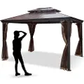 Vevor Terrassepaviljong 10x12ft hardtoppaviljong paviljong med myggnett utendørs paviljong terrassetelt hagevind erstatningstak dobbelt lags taktak paviljonger for terrasser hage hjem plen brun