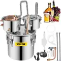Vevor Moonshine Still Distiller 3Gal 12L Rustfritt Stål Vanndestiller Kobberrør med Sirkulasjonspumpe Hjemmebryggingssett Innebygd Termometer for DIY Whisky Vin Brandy Spirits