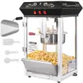 Vevor popcornmaskin, 850W popcornpoppermaskin, 225 g vannkoker lager 48 kopper per porsjon, popcornmaskin på benken med herdet glass, inkluderer 4 skjeer, kinostil, svart
