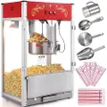 Vevor popcornmaskin, 1615W popcornpoppermaskin, 16 oz vannkoker, stor kapasitet, benkeplatepopcornmaskin med herdet glass, inkluderer 3 rustfritt stålskjeer, kinostil, rød