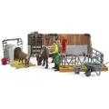 BRUDER bworld Cow and Calf Barn with farmer toy