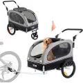 Vevor Sykkelvogn til hund, støtter opptil 36 kg, 2-i-1 sykkelstativ for kjæledyrvogn, sammenleggbar vognramme med hurtigkoblingshjul, universal sykkelkobling, reflekser, flagg, svart/grå
