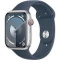 Apple Watch Series 9 (GPS + Cellular) - 45 mm - sølvaluminium - smartklokke med sportsbånd - fluorelastomer - stormblå - båndbredde: S/M - 64 GB - Wi-Fi, Bluetooth, UWB, LTE - 4G - 39 g