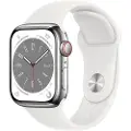 Apple Watch Series 8 (GPS + Cellular) - 41 mm - sølv rustfritt stål - smartklokke med sportsbånd - fluorelastomer - hvit - båndbredde: Regular - 32 GB - Wi-Fi, Bluetooth, LTE, UWB - 4G - 42.3 g