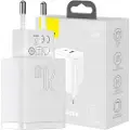 Baseus Compact Vegglader 20W - USB-C PD3.0, USB QC3.0 - Hvit