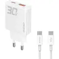 Dudao GaN USB-C-lader 30 W med USB-A, USB-C og USB-C–USB-C-kabel – hvit