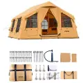 Vevor Oppblåsbare Telt for Camping, 8-12 Personer Enkelt Oppsettbart Oppblåsbart Telt med Håndpumpe, 4 Sesonger Luksuriøst Glampingtelt med 2 Takvinduer, Kalesje, Komfyruttak, 2 Dører og Nettingvindue