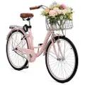 Vevor Cruisersykkel, 1-trinns, 26-tommers rosa strandcruisersykkel med stor kurv og bakre bagasjebrett, sikker og solid cruisersykkel med justerbart sete, egnet for sykling, trening og shopping
