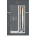 Parker Jotter Duo Gift Set with Ballpoint Pen & Fountain Pen | Stainless Steel with Gold Trim | Blue Ink Refill & Cartridges | Gift Box