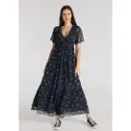 LOIS Jeans for woman. 448342705 Short sleeve midi dress with elastic at the chest with navy floral print (XS), Casual, Polyester