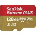 SanDisk Extreme PLUS - Flashminnekort (microSDXC til SD-adapter inkludert) - 128 GB - A2 / Video Class V30 / UHS-I U3 / Class10 - microSDXC UHS-I
