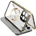 Mtp Products Dobbeltsidig herdet glass + magnetisk metallramme Anti-Drop Case for iPhone 15 Kompatibel med MagSafe Phone Cover med spennelås - gull