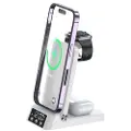 Mtp Products A60 4-i-1 15 W trådløs lader sammenleggbart ladestativ for mobiltelefon, hodesett og smartklokke-ladestasjon med klokke (for Apple Watch-versjon) - hvit
