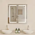 Vevor Opplyst medisinskap med speil, 65 x 65 cm Innfelt eller veggmontert, 3-fargers dimbart LED-medisinskap med HD-speil, justerbare hyller, minnefunksjon for duggfjerning