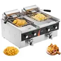 Vevor Kommersiell frityrkoker, dobbel tank 3500W elektrisk benkeplatefrityrkoker, 2 x 9Qt / 8,5L dobbel oljefrityrkoker med 2 kurver, 1 mm tykt rustfritt stål, tids- og temperaturkontroll, for kjøkken