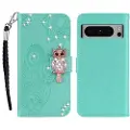 Mtp Products Google Pixel 8 Pro Ugle Rhinestone Lommebok-deksel med rhinestone - Cyan