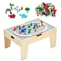 Vevor Multifunksjonelt aktivitetsbord, 290 byggeklosser og 30-delers tretogsett med jernbane, kjøretøy, skinner og tilbehør, aktivitetsbord i tre for barn med oppbevaringsområde for barn fra 3 år