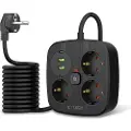 Tech-Protect PCS3X4 Strømskinne - 3 AC-uttak, 2 USB-A- og 2 USB-C-porter, 2m kabel - svart