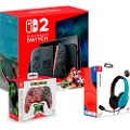 Nintendo Switch 2 + Mario Kart World + Kontroller Glow Super Icon + Neonlyseblått Og Rødt Hodesett
