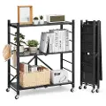 Vevor 3-lags sammenleggbar oppbevaringshylle, 30B x 13D x 36H tommer sammenleggbar metallhylleenhet, organisering uten montering med 5 hjul og 4 kroker for spiskammer, kjøkken, garasje, kjeller, svart