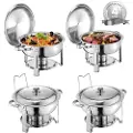 Vevor varmefat buffetsett, 5 l 4-pakning, varmefat i rustfritt stål med 4 panner i full størrelse, rund cateringvarmer med lokk, vannpanne, sammenleggbart stativ, for bryllup, fester, banketter, sølv