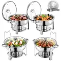 Vevor varmefatbuffésett, 5 l 4-pakning, varmefat i rustfritt stål med 4 panner i full størrelse, rund cateringvarmer med glasslokk, vannpanne, sammenleggbart stativ, drivstoffholder, til bryllupsfest,