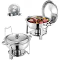 Vevor varmefat buffetsett, 5 l 2-pakning, varmefat i rustfritt stål med 2 panner i full størrelse, rund cateringvarmer med lokk, vannpanne, sammenleggbart stativ, for bryllup, fester, banketter, sølv