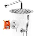 Vevor dusjkransett, regndusjsystem for bad med 10-tommers (25,4 cm) rundt regndusjhode og håndholdt spray, veggmonterte badekararmaturer med messingventil og pyntesett, sølvkrom