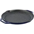 Grand Feu cast iron frying pan, enameled, ribbed, blue color