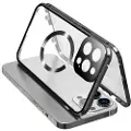 Mtp Products Dobbeltsidig herdet glass + magnetisk metallramme Anti-Drop Case for iPhone 15 Kompatibel med MagSafe Phone Cover med spennelås - Svart