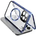 Mtp Products Dobbeltsidig herdet glass + magnetisk metallramme Anti-Drop Case for iPhone 15 Kompatibel med MagSafe Phone Cover med spennelås - mørkeblå