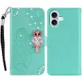 Mtp Products iPhone 16 Ugle Rhinestone Lommebok-deksel med rhinestone - Cyan