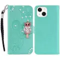 Mtp Products iPhone 15 Plus Ugle Rhinestone Lommebok-deksel med rhinestone - Cyan