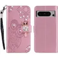 Mtp Products Google Pixel 8 Pro Ugle Rhinestone Lommebok-deksel - Rose Gold