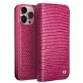 Qialino iPhone 15 Pro Max Lommebok-deksel I Lær - Krokodille - Varm Rosa