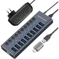 Mtp Products 10-porters USB 3.0 Hub med individuelle strømbrytere - Grå