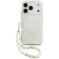 GUESS iPhone 17 Pro IML Flowers Allover Electro-deksel med perlearmbånd - MagSafe-kompatibel - Hvit