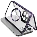 Mtp Products Dobbeltsidig herdet glass + magnetisk metallramme Anti-Drop Case for iPhone 15 Kompatibel med MagSafe Phone Cover med spennelås - Lilla